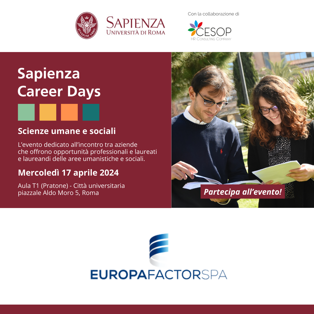 Ti aspettiamo numerosi per un'esperienza indimenticabile al Sapienza Career Days con Europa Factor!